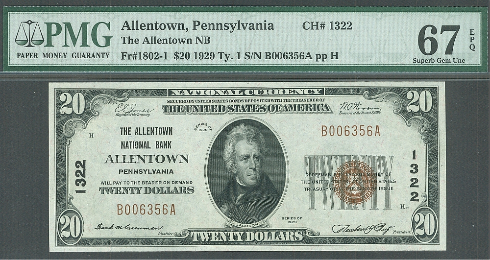 Allentown, Pennsylvania, Charter #1322, Fr.1802-1, 1929T1 $20, Superb Gem, PMG67-EPQ
